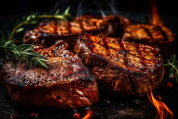 Succosa bistecca alla griglia vista in primo piano di carne cucinata alla perfezione sulla griglia ai generata