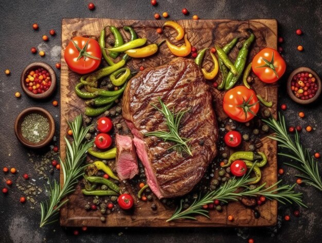 Succosa bistecca di manzo mediamente cotta con spezie e verdure grigliate