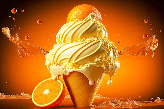 Succosa estate arancione più delizioso cono gelato su sfondo arancione