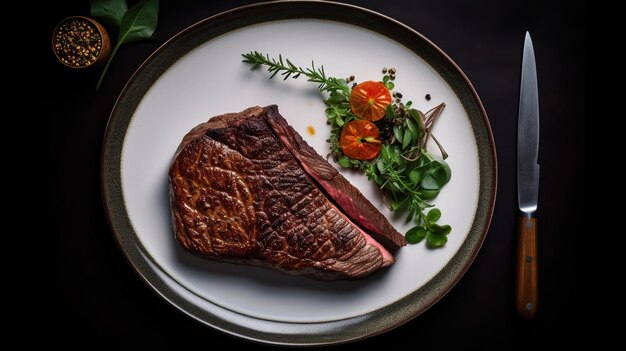 Succosa lombata Wagyu Meltique servita su una piastra calda e frizzante con condimenti saporiti, un ma culinario