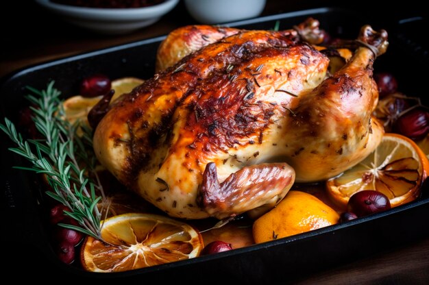 Succoso pollo arrosto con verdure in teglia sopra il tavolo in legno rustico decorato AI generato