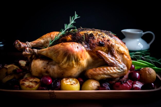 Succoso pollo arrosto con verdure in teglia sopra il tavolo in legno rustico decorato AI generato