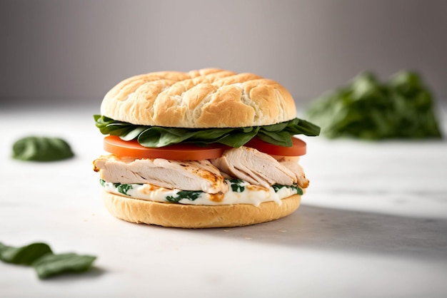 Succoso sandwich di pollo con lattuga, pomodoro e formaggio