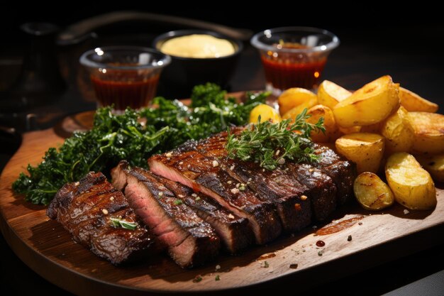 Succulenta picanha alla griglia con patate croccanti e aroma affumicato generativo IA