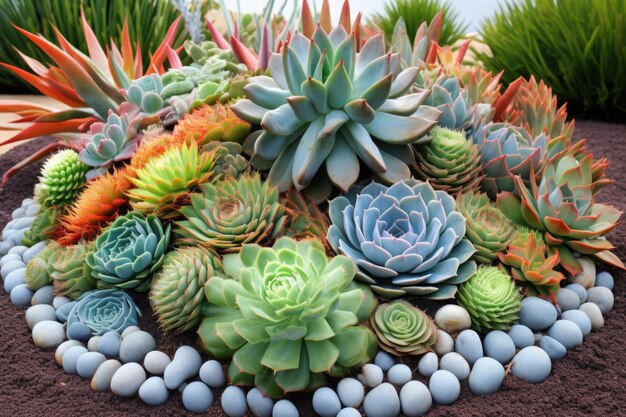 Succulente giardino paesaggistico con rocce e varietà di cactus sulla cupola dei fiori Illustrazione AI generativa