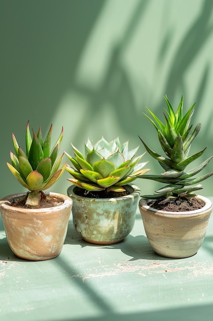 Succulenti in vasi di ceramica contro una parete verde