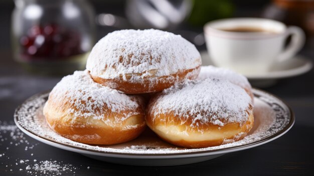 Sufganiyot con zucchero in polvere su piatto bianco