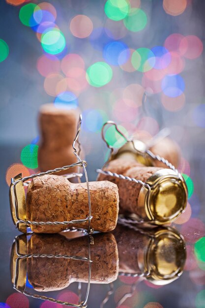 Sugheri di Champagne sul concetto metallico graffiato dell'alcool del fondo