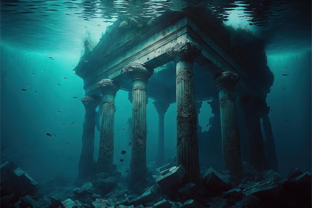 Sul fondo del mare ci sono resti di antichi templi con colonne corrose create dall'IA generativa