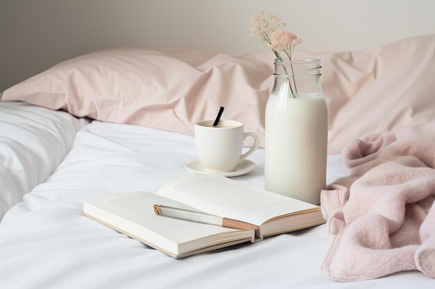 Sul letto sono stati trovati del latte e un taccuino Splendido design di sfondo Minimalismo