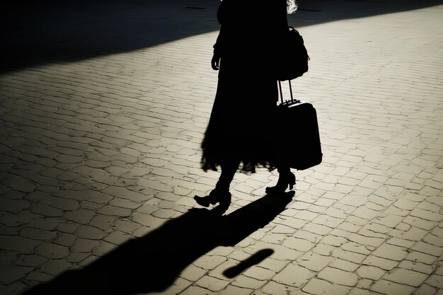 Sul marciapiede si vede l'ombra di una viaggiatrice che trasporta ruote
