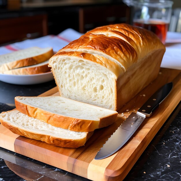 Sul tagliere c'è una pagnotta di pane bianco tagliata