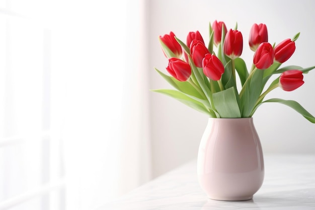 Sul tavolo c'è un vaso con tulipani rossi