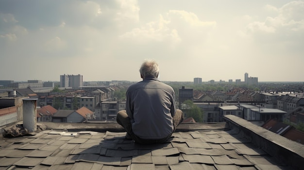 Sul tetto del vecchio edificio un uomo solo immerso nei pensieri