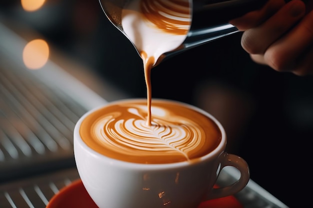 Sulla foto delle mani di un avvocato che versa con competenza l'arte del latte sulla superficie di una tazza di caffè minimalista AI generativa