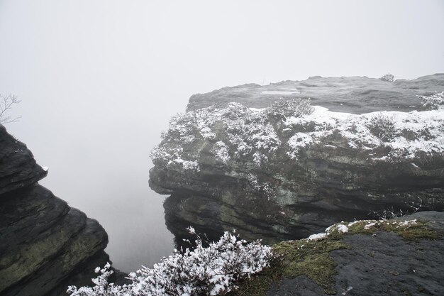 Sulla grande Zschirnstein nella nebbia Rocca coperta di neve Punto di vista Elba Montagne di arenaria