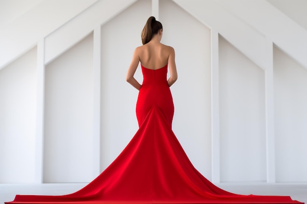 Sulla parte posteriore di Una bella donna con un vestito rosso in studio Moda di bellezza