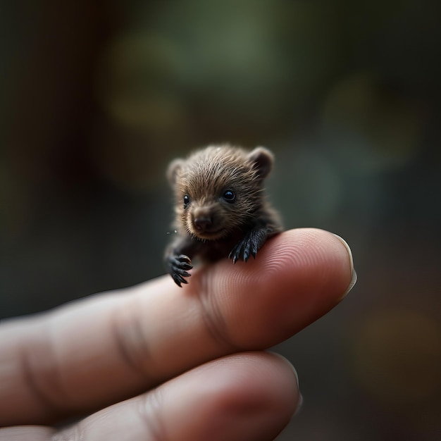 Sulla punta di un dito si trova un minuscolo animale su sfondo sfocato AI generativo