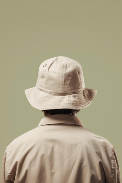 Sulla schiena di un uomo con un cappello a secchio beige su sfondo beige creato utilizzando la tecnologia generativa AI