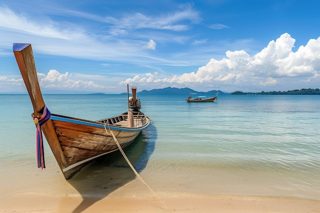 Sulla spiaggia con paesaggio marino tropicale sull'oceano c'è una tradizionale barca a coda lunga in legno ai generative