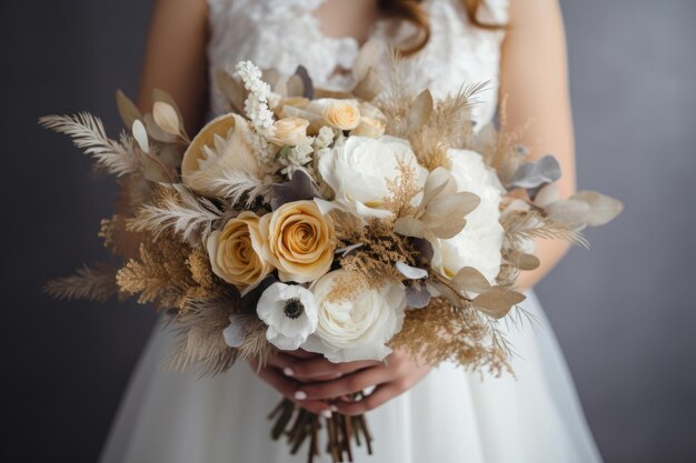 Sulla sposa che tiene in mano un elegante bouquet di nozze boho