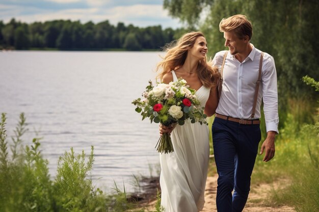 Sulla sposa e sullo sposo che tengono il bouquet in piedi in un campo di fiori selvatici
