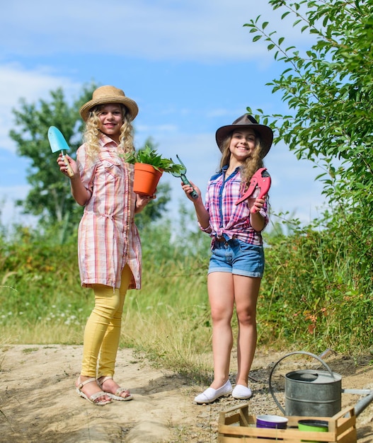 Sulla strada per la fattoria di famiglia Prendersi cura delle piante Ragazze con attrezzi da giardinaggio Sorelle che aiutano in fattoria Concetto di agricoltura ecologica Adorabili ragazze con i cappelli che vanno a piantare piante Bambini fratelli che si divertono in fattoria