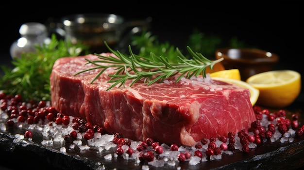 Sulle tavole da taglio si trovano succose bistecche di carne fresca e rossa, ricoperte di condimenti e peperoncino, pronte per la cottura
