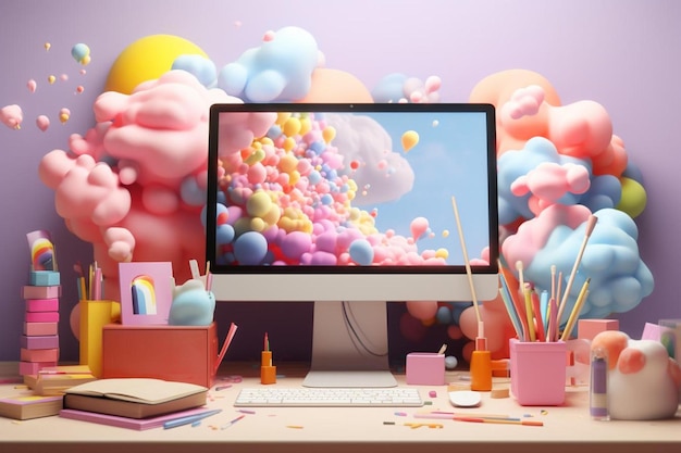 sullo schermo di un computer con l'immagine di un cielo colorato e una scatola di palloncini.