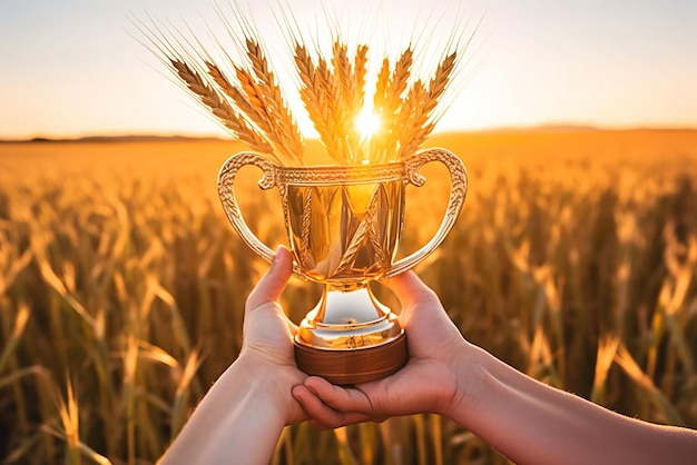 Sullo sfondo dei campi di grano il successo e il concetto di raggiungimento dei campioni sportivi Trofeo e onore