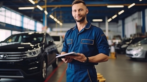 Sullo sfondo dell'automobile durante la manutenzione dell'auto, un tecnico tiene in mano una tavoletta digitale Generative AI