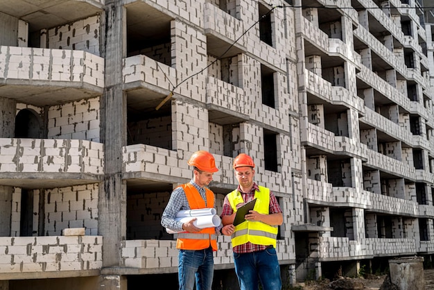 Sullo sfondo dell'edificio in costruzione due giovani lavoratori in tuta stanno con le spalle guardando il nuovo concetto di costruzione di edifici