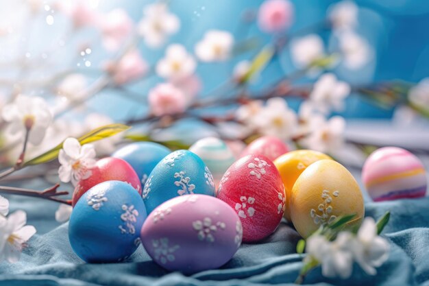 sullo sfondo di colorate uova di Pasqua