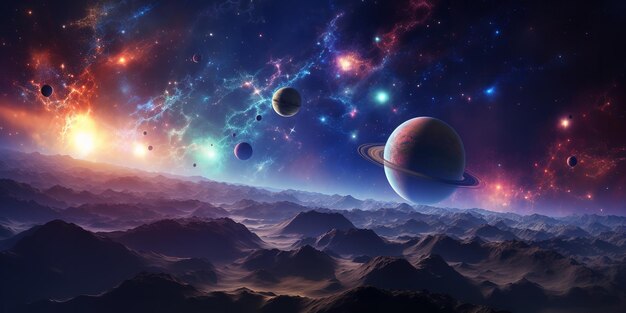 Sullo sfondo di un sistema solare con pianeti e stelle Ai generativo
