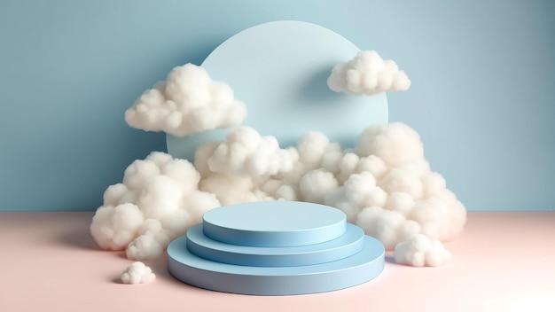 sullo sfondo di una nuvola onirica si prepara il palco per un podio di esposizione di prodotti blu che galleggia in mezzo al cielo