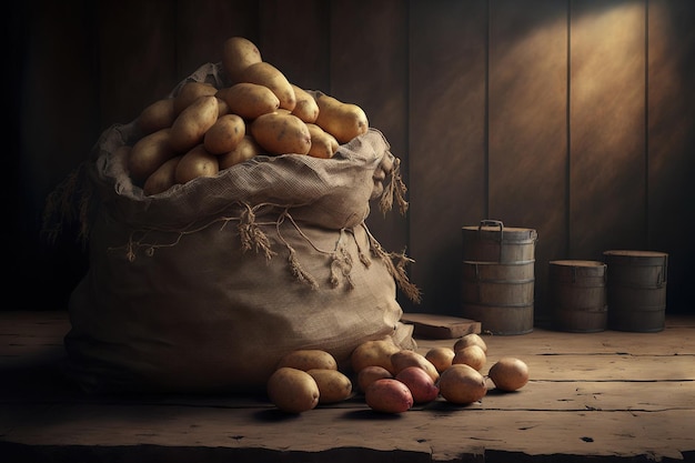 Sullo sfondo si vede un sacco di patate con un mucchio di patate appoggiato su assi di legno