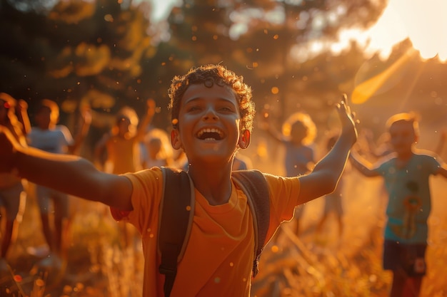 Summer Childrens Portrait un'immagine vivida di un bambino gioioso che trascorre il tempo in un campo estivo circondato da giochi, avventure e cameratismo catturati su tela con colori allegri