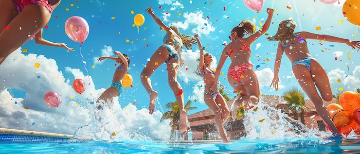 Foto summer splash amici che saltano in una piscina