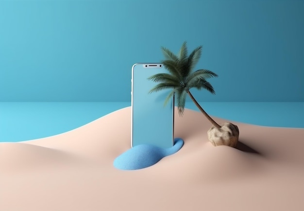 Summer up creative sea cyber concept mock holiday palm telefono sabbia IA generativa