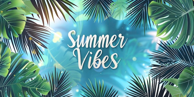 Summer Vibes Web Banner con palme tropicali e foglie che evocano l'essenza dell'estate