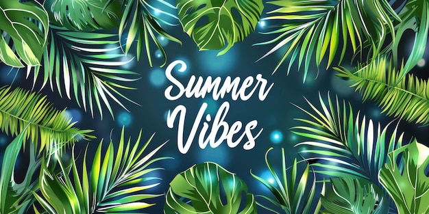 Summer Vibes Web Banner con palme tropicali e foglie che evocano l'essenza dell'estate