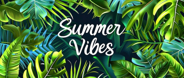 Summer Vibes Web Banner con palme tropicali e foglie che evocano l'essenza dell'estate