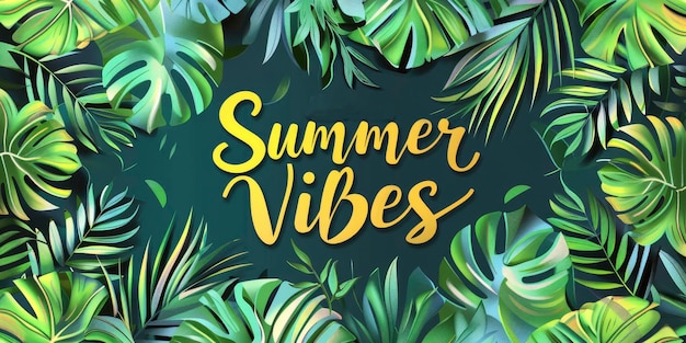 Summer Vibes Web Banner con palme tropicali e foglie che evocano l'essenza dell'estate