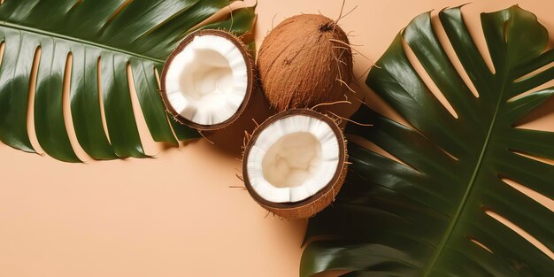 Summertime Refreshment Top View di mezze frutta fresca con Monstera Leaf Vibrant Backdrop generato da AI