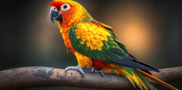 Sun conure un bellissimo pappagallo appollaiato su un albero