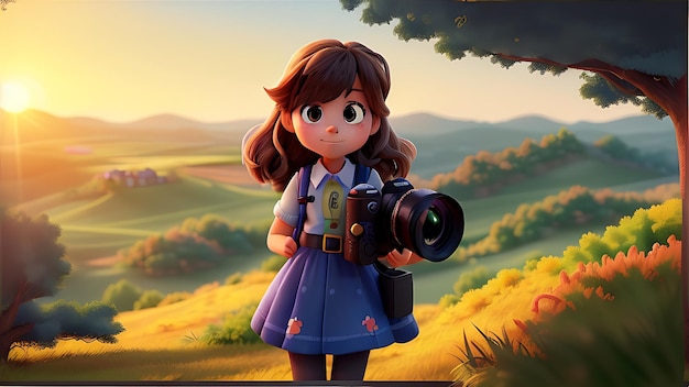 SunDrenched Landscape Cartoon Girl Catturare la bellezza nella Giornata mondiale della fotografia