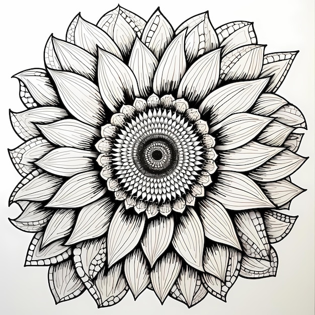 Sunflower Delight Zen Zentangle intricato Pagina da colorare senza ombreggiatura