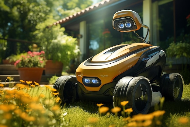 Sunlight Setting Robot Lawn Mower in azione AI