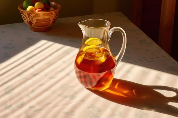 Sunlit pimms brocca che getta un'ombra su un tavolo creato con AI generativa