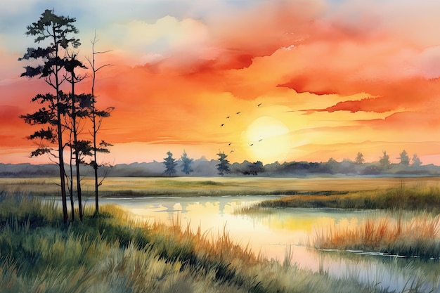 Sunrise Meadows serena pittura ad acquerello dei vasti prati e campi all'alba